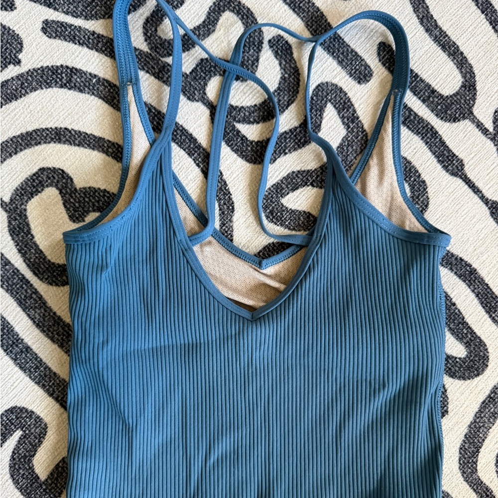 Vuori Rib Crop Tank with Crisscross Straps in Blue XS - Picture 2 of 4